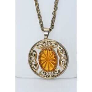 Vintage Amber Glass Sunburst Pendant Necklace Gold Tone 24 Inch